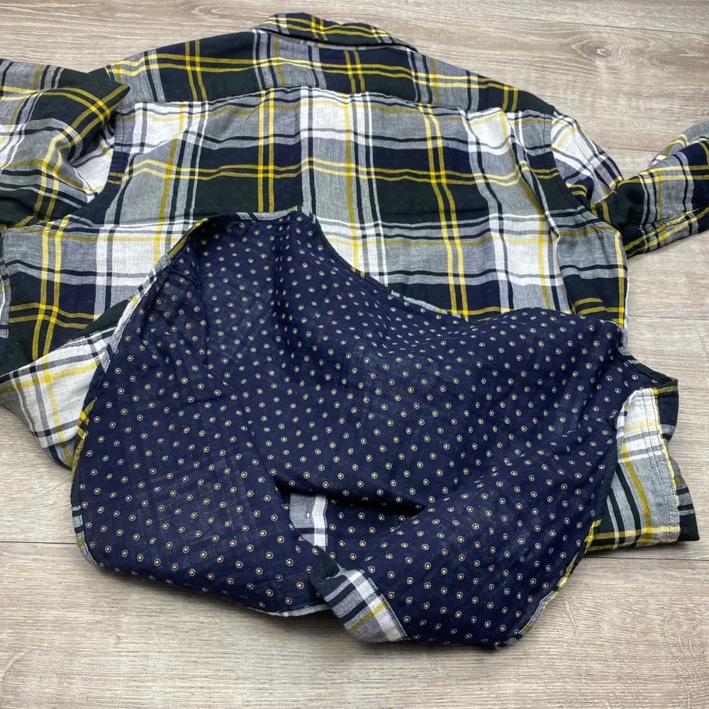 Banana Republic Flannel Shirt Mens L Navy Yellow Good Untucked Slim Fit Plaid